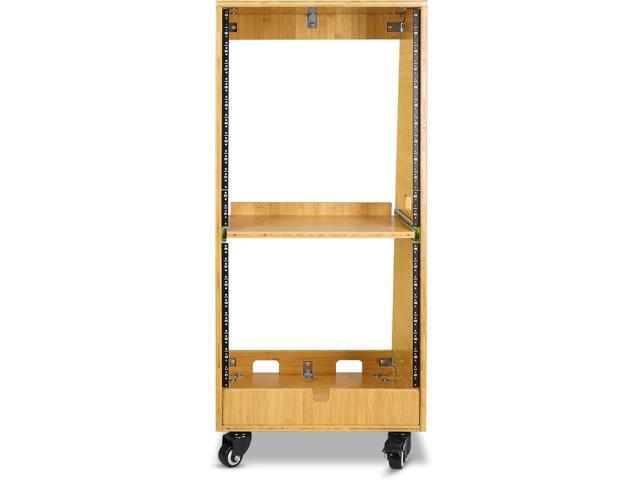 Sound Town DIY Solid Carbonized Bamboo Slanted 20U Studio Rack (12U Top + 8U Lower), with 2U Bottom Storage, Slide-Out Tray, Caster, for Recording...