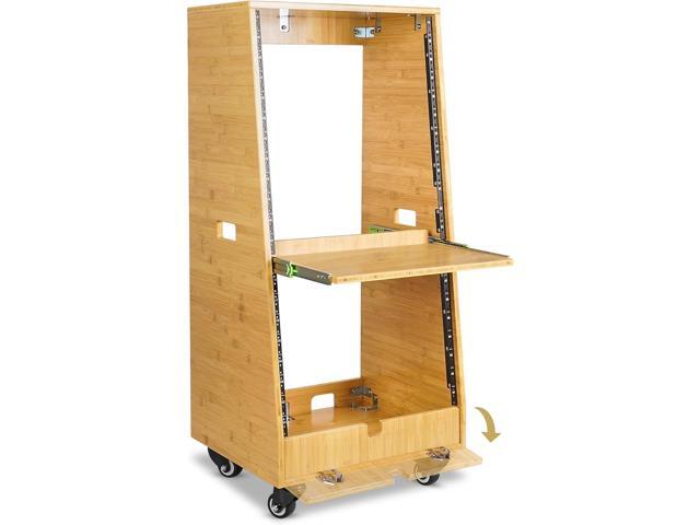 Sound Town DIY Solid Carbonized Bamboo Slanted 20U Studio Rack (12U Top + 8U Lower), with 2U Bottom Storage, Slide-Out Tray, Caster, for Recording...