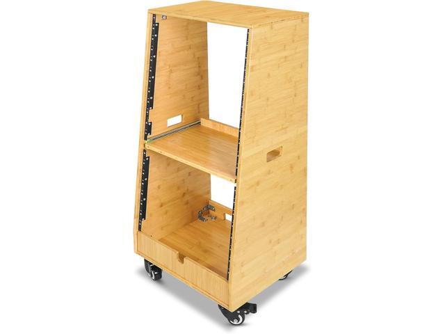 Sound Town DIY Solid Carbonized Bamboo Slanted 20U Studio Rack (12U Top + 8U Lower), with 2U Bottom Storage, Slide-Out Tray, Caster, for Recording...