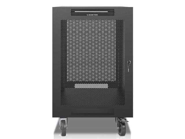 Sound Town 16U Universal Steel Rack, w/Mesh Doors, Locking Casters, Vented Side Panels for Audio Video, Server and Network Equipment (STRK-M16UWD)