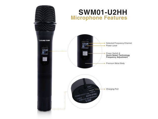 Sound Town 100-Channel UHF Rechargeable Wireless Handheld Microphone System with Built-in Effects, 1/4' Mini Portable Receiver for Karaoke, Events,...