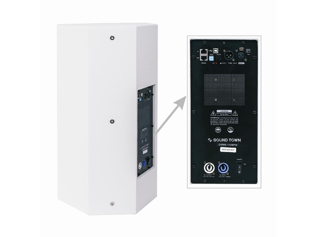 Sound Town CARME Series Powered PA Speaker and Subwoofer Combo Set with One 12" PA Speaker, One 15" Subwoofer, One Subwoofer Pole, White
