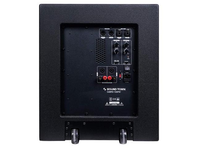 Sound Town 1600 Watts 15" Powered Subwoofer with 2 Speaker Outputs, Plywood Enclosure and 2 Wheels, Black (CARPO-15SPW)