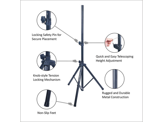 Sound Town 2-Pack Universal Tripod Speaker Stands with Adjustable Height, 35mm Compatible Insert, Locking Knob and Shaft Pin, Black (STSD-71B-PAIR)