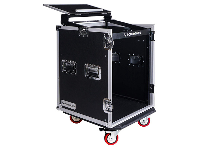 Sound Town 14-Space PA/DJ Rack/Road ATA Server Case with Slant Mixer Top and Standing Lid Table (STMR-14UWT)