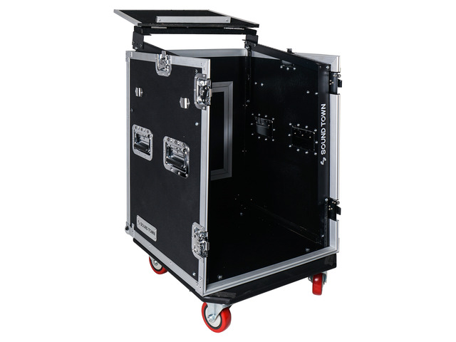 Sound Town 14U PA DJ Rack/Road Case with Slant Mixer Top and 2 Standing Lid Tables and Casters, 14-Space Size (STMR-14UWT2)