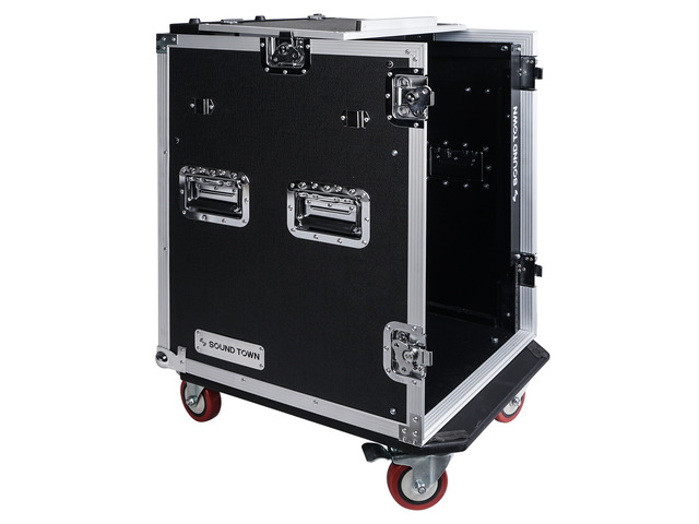Sound Town 14U PA DJ Rack/Road Case with Slant Mixer Top and 2 Standing Lid Tables and Casters, 14-Space Size (STMR-14UWT2)