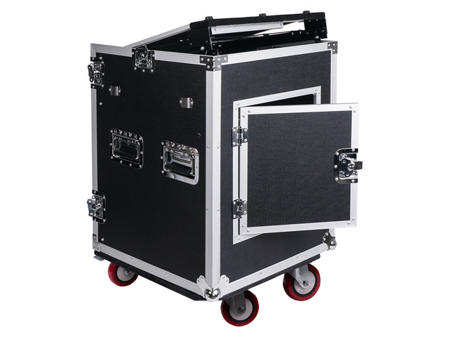 Sound Town 14U PA DJ Rack/Road Case with Slant Mixer Top and 2 Standing Lid Tables and Casters, 14-Space Size (STMR-14UWT2)