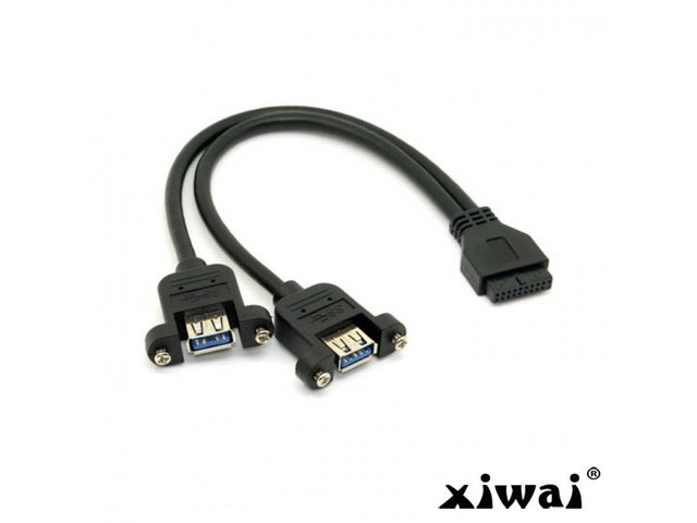 Xiwai USB 3.0 Dual Ports A Female Screw Mount Type to Motherboard 20pin Header cable Black
