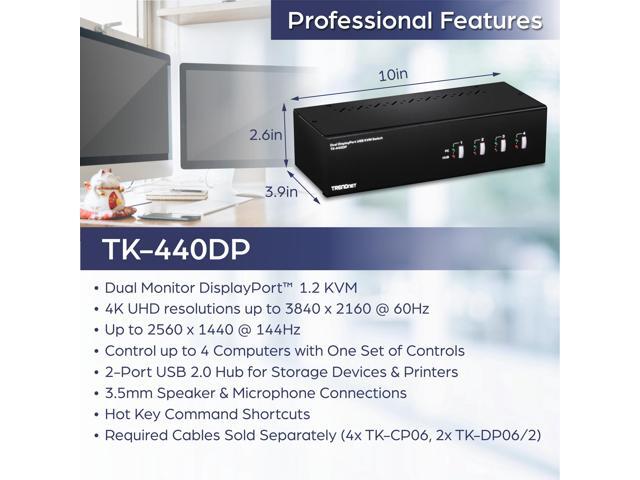 TRENDnet 4-Port Dual Monitor DisplayPort KVM Switch With Audio, 2-Port USB 2.0 Hub, 4K UHD Resolution Up To 3840 x 2160, Connect 4 DisplayPort...