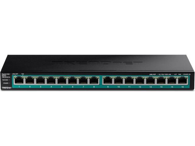 TRENDnet 16-Port Gigabit PoE+ Switch, 16 x Gigabit PoE+ Ports, 120W PoE Budget, Up to 30W Per Port, 1U 19' Rackmount Brackets Included, Fanless,...