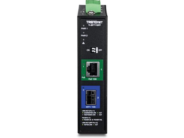 TRENDnet Industrial 10G SFP+ to 10G PoE++ Media Converter, TI-BF711SFP, 1 x 10G SFP+ Port, 1 x 10G PoE++ RJ-45 Port, IP50 Rated, NDAA TAA Compliant