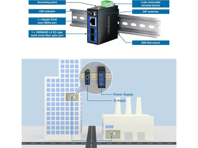 TRENDnet Hardened Industrial 1000BASE-LX Multi-Mode SC Fiber Media Converter (1km, 0.62mi.), TI-FGSC, 1 x Gigabit RJ45 Port, 1 x SC-Type Interface...