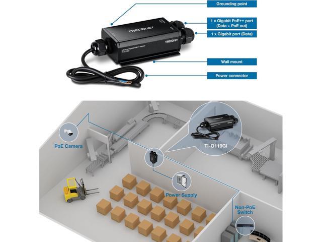 TRENDnet Outdoor IP67 Gigabit PoE++ Injector, TI-O119GI, Supports 2457V DC Power Input, 96W PoE Power Budget, IP67 Rated Housing, Support PoE...