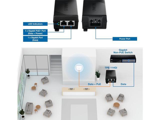 TRENDnet Gigabit PoE+ Injector, TPE-114GI, Supplies PoE (15.4W), PoE+(30W), Network A PoE Device Up to 100m (328 ft), Plug & Play, NDAA & TAA...