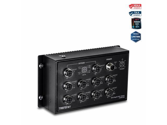 TRENDnet 10-Port Industrial EN 50155 M12 Gigabit PoE+ Railway Switch, TI-XPG102, IP40 Rated for Harsh Environments, NDAA + TAA Compliant, Black