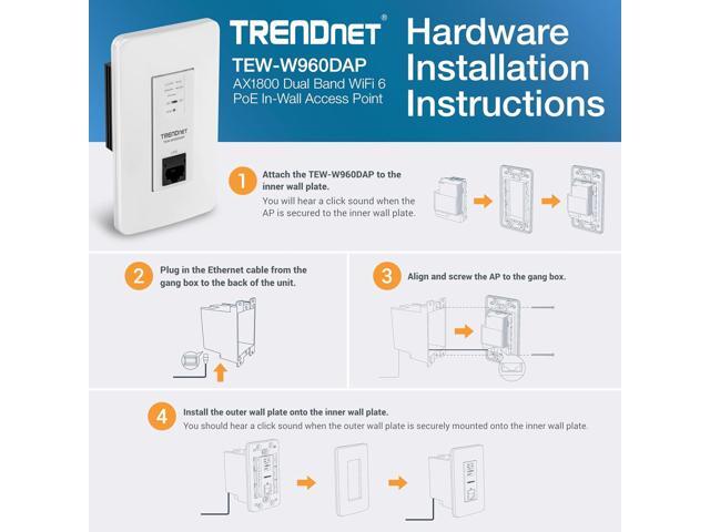 TRENDnet AX1800 Dual Band WiFi 6 PoE in-Wall Access Point, TEW-W960DAP, OFDMA & MU MIMO Technology, NDAA & TAA Compliant, Discreet Design, Remote...