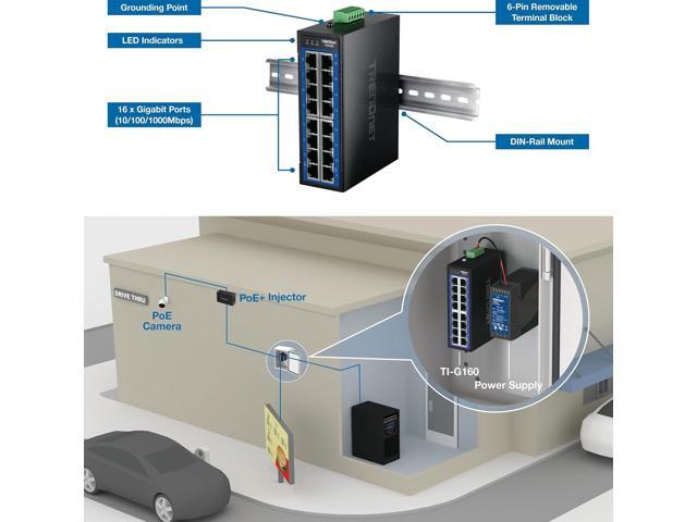 TRENDnet 16-Port Industrial Gigabit DIN-Rail Switch, TI-G160, NDAA & TAA Compliant, 32Gbps, IP50 Rated, Ethernet Splitter, Lifetime Protection