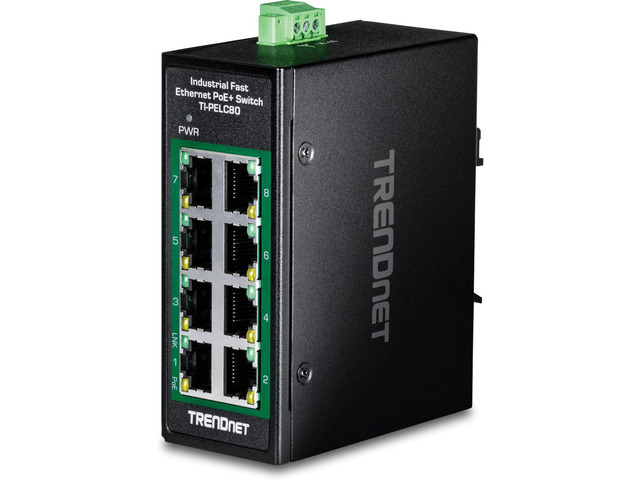TRENDnet 8-Port Industrial Fast Ethernet PoE+ DIN-Rail Mini Switch, TI-PELC80, N