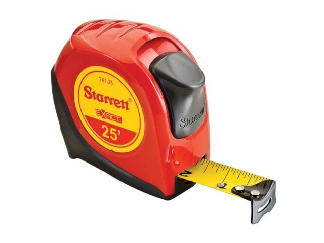 starrett exact ktx125n abs plastic case red measuring pocket tape, english graduation style, 25' length, 1' width, 0.0625' graduation interval