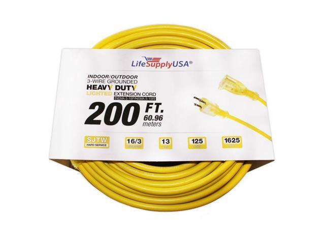 16/3 200ft SJT 13 Amp 125 Volt 1625 Watt Lighted End Indoor/Outdoor Heavy Duty Extension Cord (200 Feet)