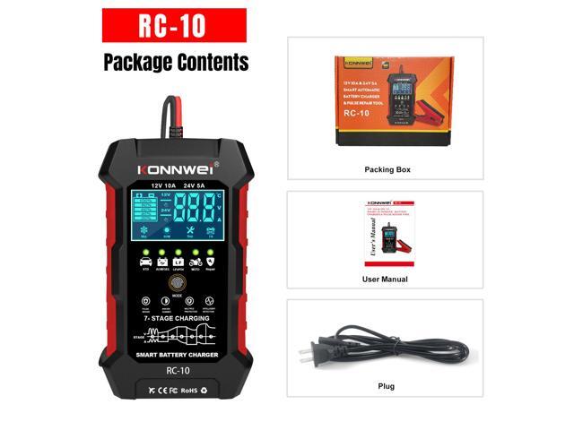 [Authorized Distributor] KONNWEI RC-10 Car Charger Tools Battery Charger Battery Pulse Repair Tool Moto Battery Charger 12-24V 5A 10A Emergency...