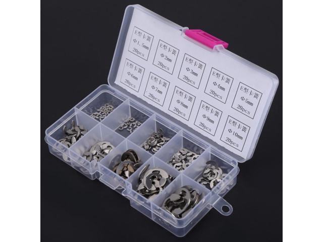 200pcs E-clips Retaining Ring Washer Stainless Steel Opening Snap Ring Washers Tools Assortment Kit Fastener Hardware 1.5mm-10mm