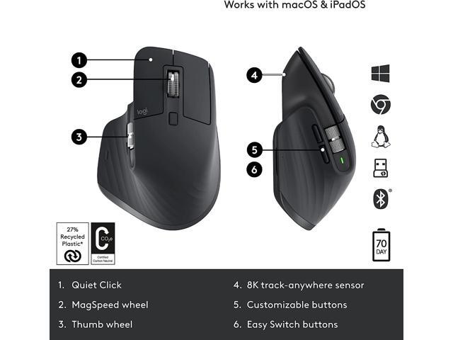 Logitech MX Master 3S - Wireless Performance Mouse, Ergo, 8K DPI, Track on Glass, Quiet Clicks, USB-C, Bluetooth, Windows, Linux, Chrome Graphite