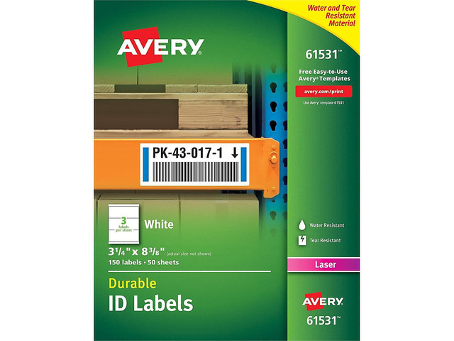 Avery Durable ID Labels, TrueBlock Technology, Permanent Adhesive, 3-1/4' x 8-3/8', 150 Labels (61531)