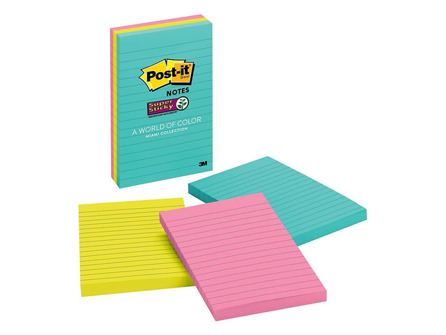Post-it Super Sticky Pads in Miami Colors 4 x 6 Miami 90/Pad 3 Pads/Pack 6603SSMIA