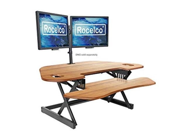 rocelco 46' large height adjustable corner standing desk converter - quick sit stand up dual monitor riser - gas spring assist