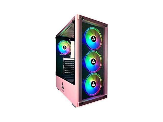 apevia genesis-pk mid tower gaming case with 2 x tempered glass panel, top usb3.0/usb2.0/audio ports, 4 x rgb fans, pink frame