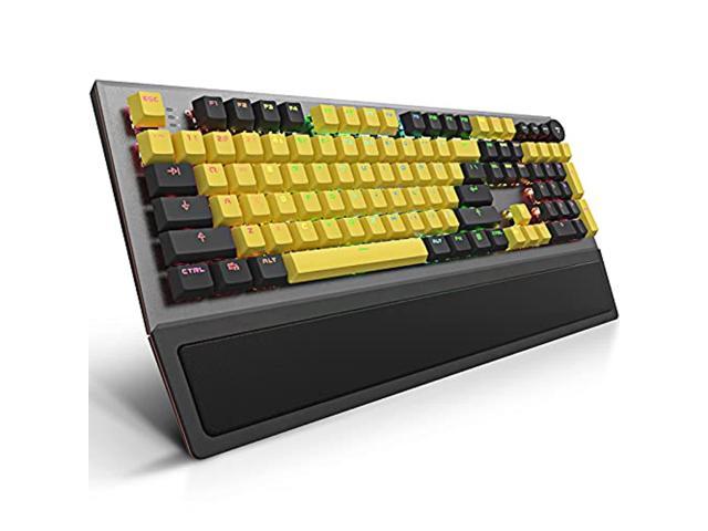 mechanical gaming keyboard, powerlead wired keyboard rainbow rgb backlit with detachable leather wrist rest, programmable settings with n-key flip.