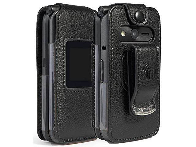 case for etalk phone, nakedcellphone [black vegan leather] form-fit cover with [built-in screen protection] and [metal belt clip] for...
