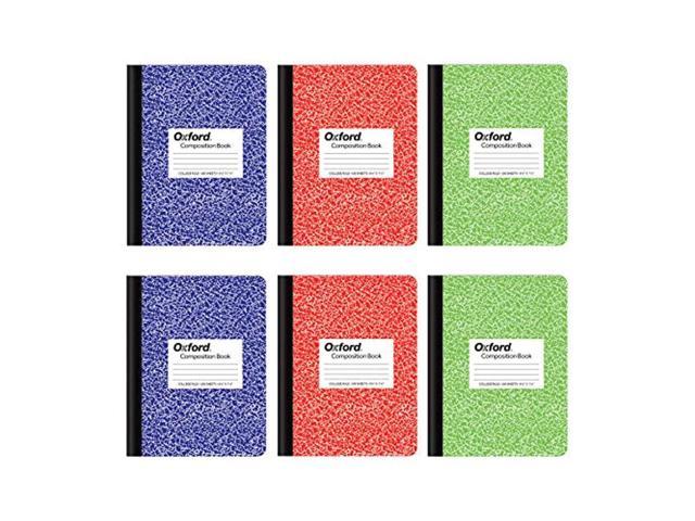 oxford composition notebook 6 pack, college ruled paper, 9-3/4 x 7-1/2 inches, 100 sheets, assorted marble covers. 2 each: blue, green, red (63763)