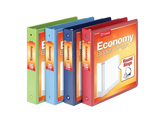Cardinal 3 Ring Binders, Round Rings, Holds 350 Sheets, ClearVue Presentation View, Non-Stick, Assorted Colors (79550), 1.5 Inch (Pack of 4)
