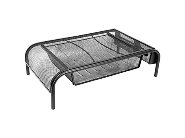 mount-it! metal mesh computer monitor stand [20' wide] steel desktop riser and organizer with pull out storage drawer and shelf for computers,...