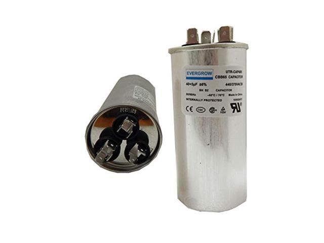 evergrow 40+5 mfd uf 370 or 440 volt vac round dual run capacitor for air conditioner or heat pump condenser - runs ac motor and fan photo