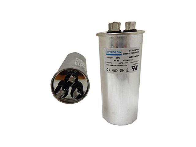 evergrow 55 + 5 mfd uf micro farad 370 or 440 volt dual run round capacitor pw-55/5/r for condenser straight cool or heat pump air conditioner 55/5. photo