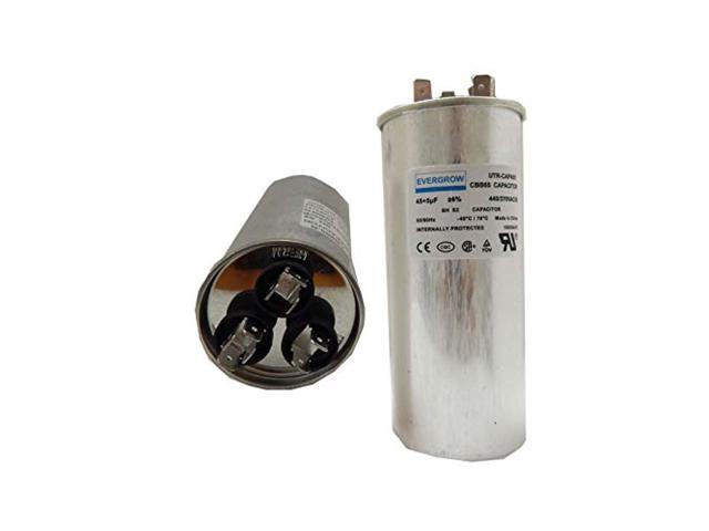 evergrow 40 + 5 mfd uf 370 vac or 440 volt dual run round capacitor pw-40/5/r for condenser straight cool or heat pump air conditioner 40/5 micro. photo