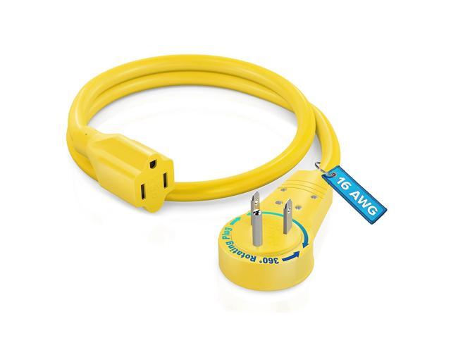 maximm cable 1 foot 360 rotating flat plug extension cord/wire, 3 prong grounded wire 16 awg power cord - yellow - ul certified