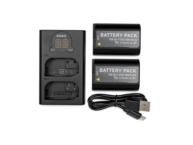 koah pro dmw-blk22 battery (2-pack) and usb-c led dual charger kit (7.2v, 2250mah)
