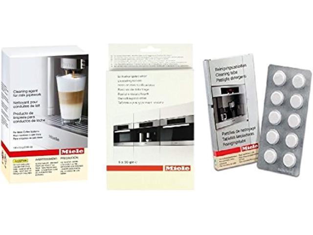 miele coffee machine cleaning bundle: descaling tablets (6) plus cleaning tablets (10) plus cleaning agent for milk pipework (1 photo