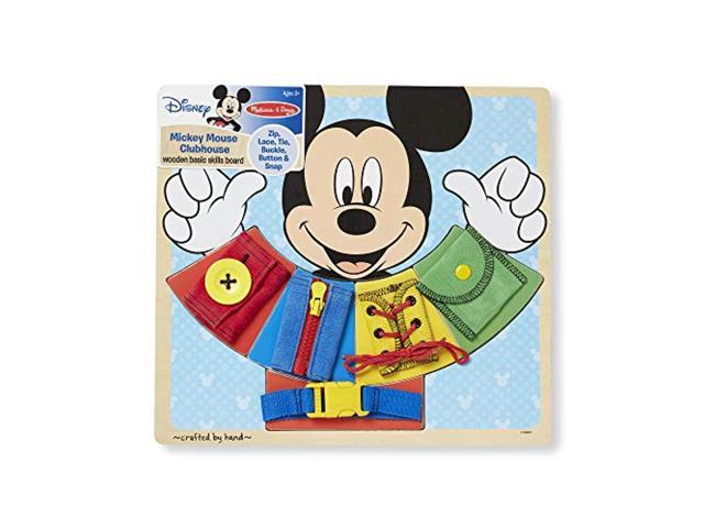 melissa & doug mickey mouse wooden basic skills board - zip, lace, tie, buckle, button, and snap