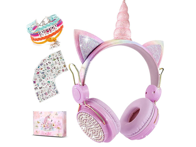 Unicorn Cat Ear Bluetooth 5.3 Headphones for Girls Kids, Over Ear Wireless Headset with Built-in Mic, Wired Mode Support, for Laptop Tablet Phone,...