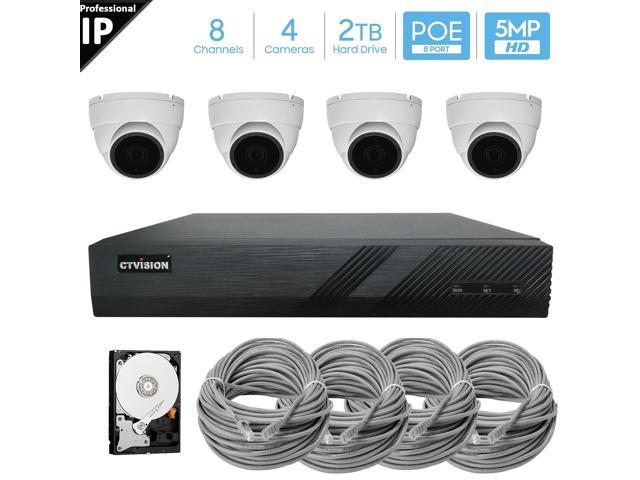 CTVISION 8 Channel 4K 8MP (3840×2160) H.265+ IP PoE NVR Security Camera System with 4 x Outdoor/Indoor 5MP Dome Security Cameras, 2TB