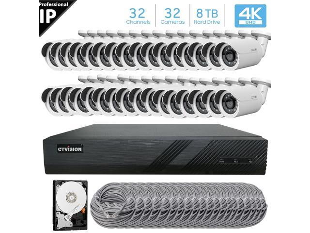 CTVISION 32 Channel 4K 8MP (3840×2160) H.265+ IP PoE NVR Security Camera System with 32 x Outdoor/Indoor 5MP Bullet Security Cameras, 8TB
