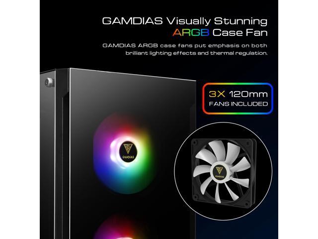 Gamdias TALOS E3, Tempered glass, 3x 120mm ARGB fans 5v-3pin sync