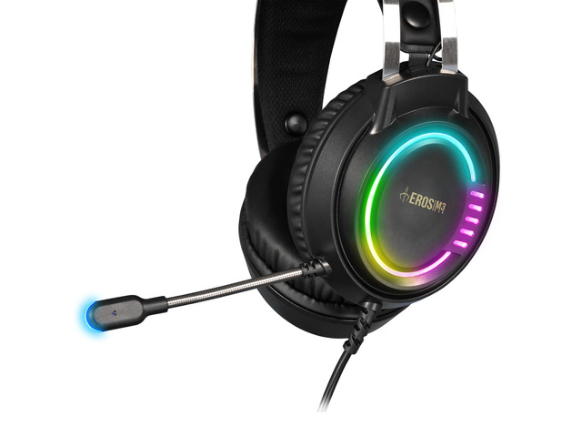 EROS M3 headset, 50mm Speakers, RGB lighting effects, Omnidirectional Microphone, USB (type-A) cable 70 inches length, Weight 0.68 lbs.