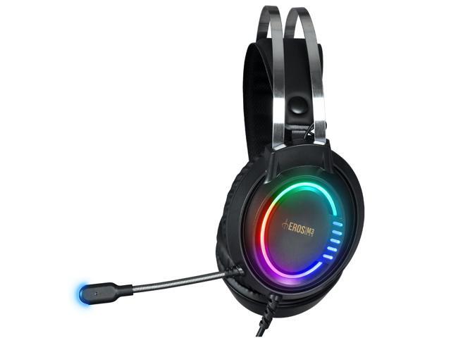 EROS M3 headset, 50mm Speakers, RGB lighting effects, Omnidirectional Microphone, USB (type-A) cable 70 inches length, Weight 0.68 lbs.